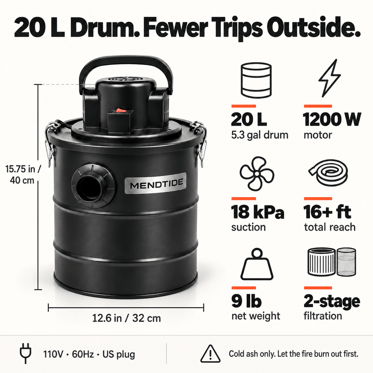 🔥 MENDTIDE Fireplace Ash Vacuum – 20 L Steel Drum, 1200 W