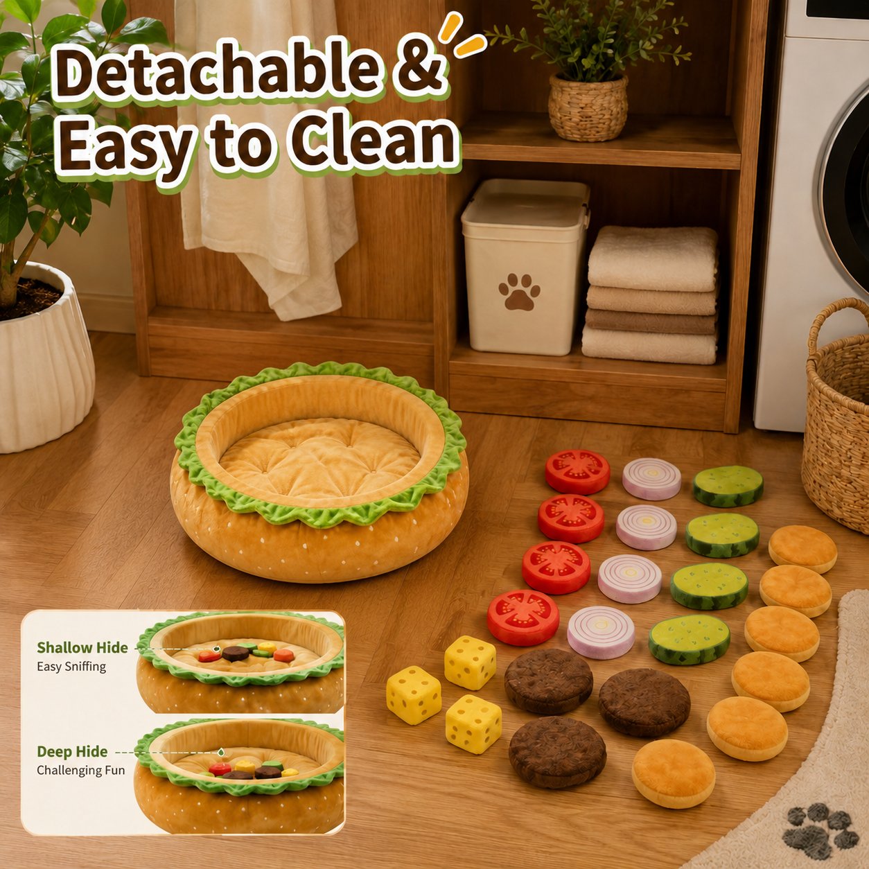 Realistic Burger Design Dog Snuffle Toy, Puzzle Play & Cozy Nap Bed for Puppies
