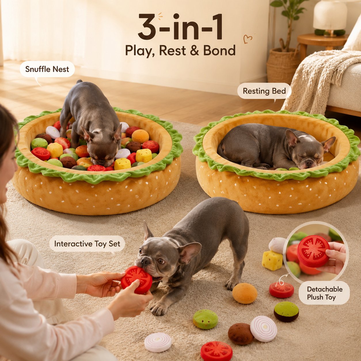 Realistic Burger Design Dog Snuffle Toy, Puzzle Play & Cozy Nap Bed for Puppies