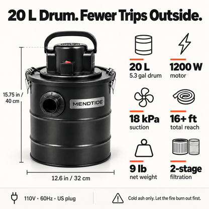 🔥 MENDTIDE Fireplace Ash Vacuum – 20 L Steel Drum, 1200 W