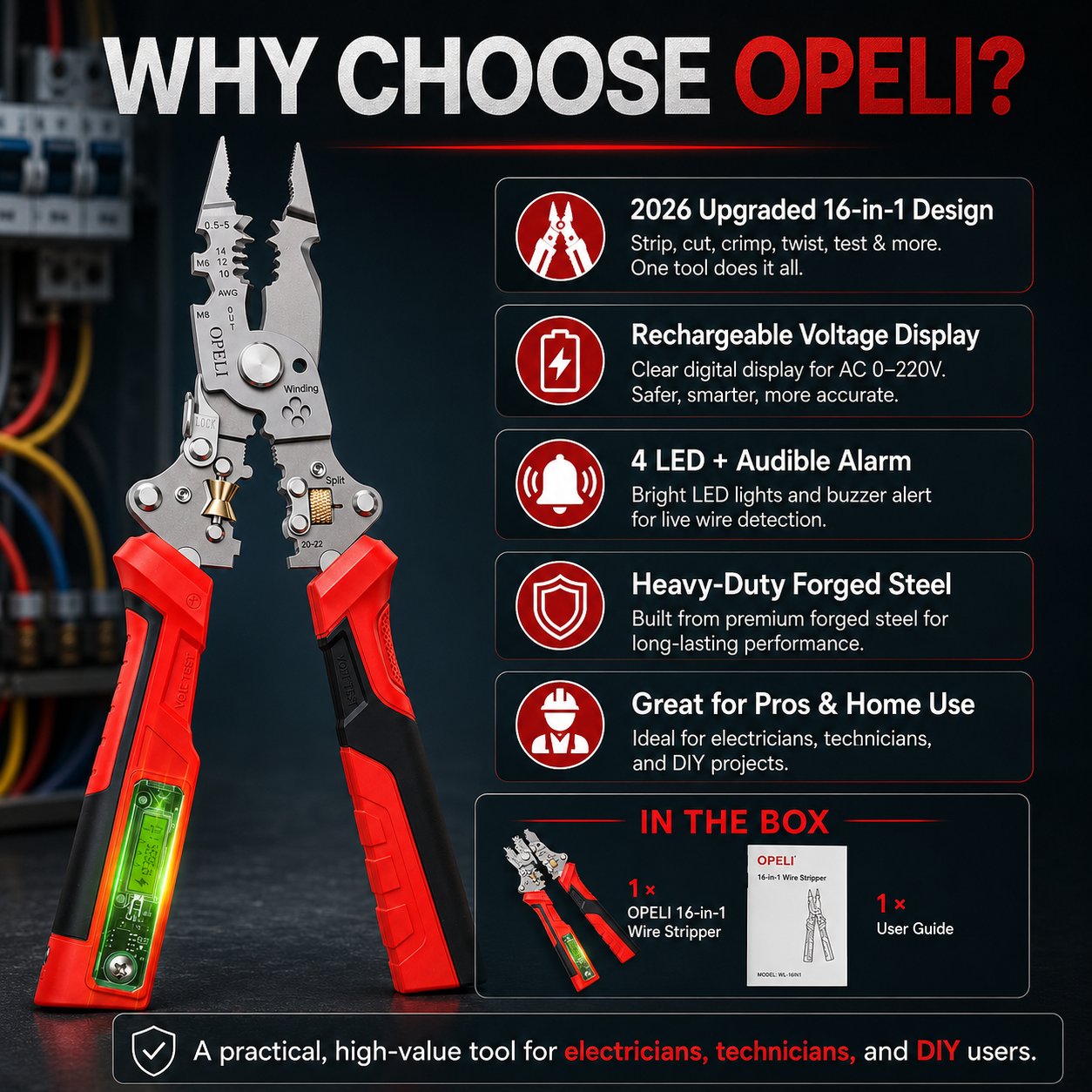 ⚡ 16-in-1 Electrical Pliers with Voltage Tester - Heavy-Duty Wire Stripper for Pros & DIYers!