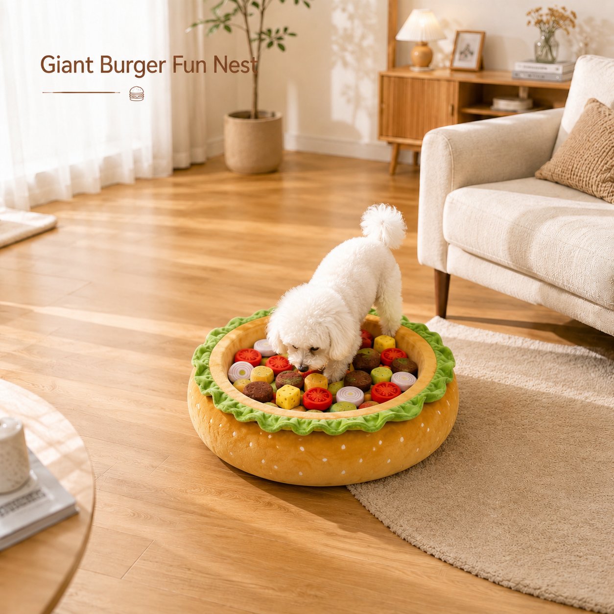 Realistic Burger Design Dog Snuffle Toy, Puzzle Play & Cozy Nap Bed for Puppies