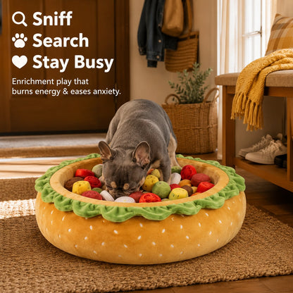 Realistic Burger Design Dog Snuffle Toy, Puzzle Play & Cozy Nap Bed for Puppies