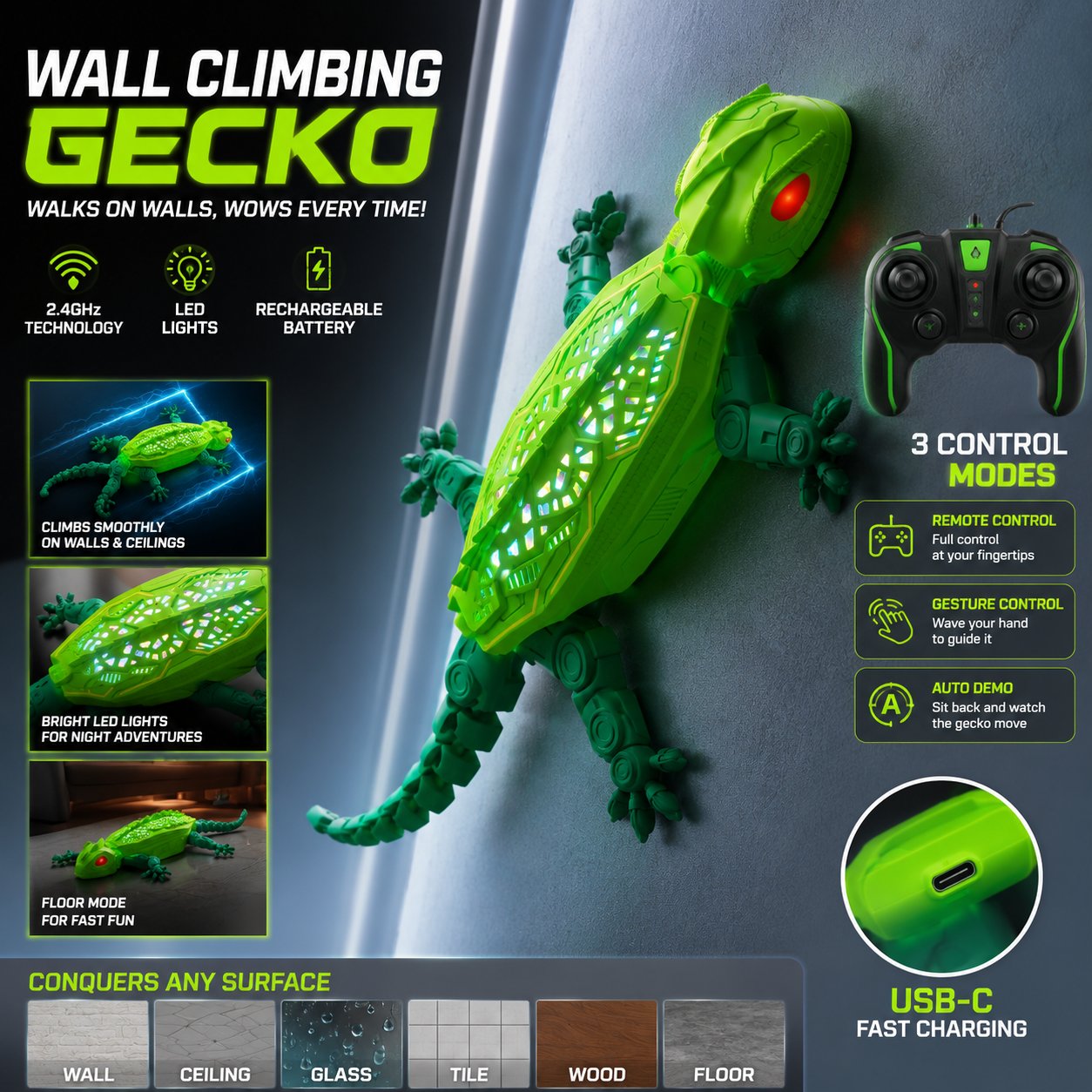 🦎Gecko Rush Remote Control Wall Climbing Lizard Toy — Ceiling & Floor Crawler