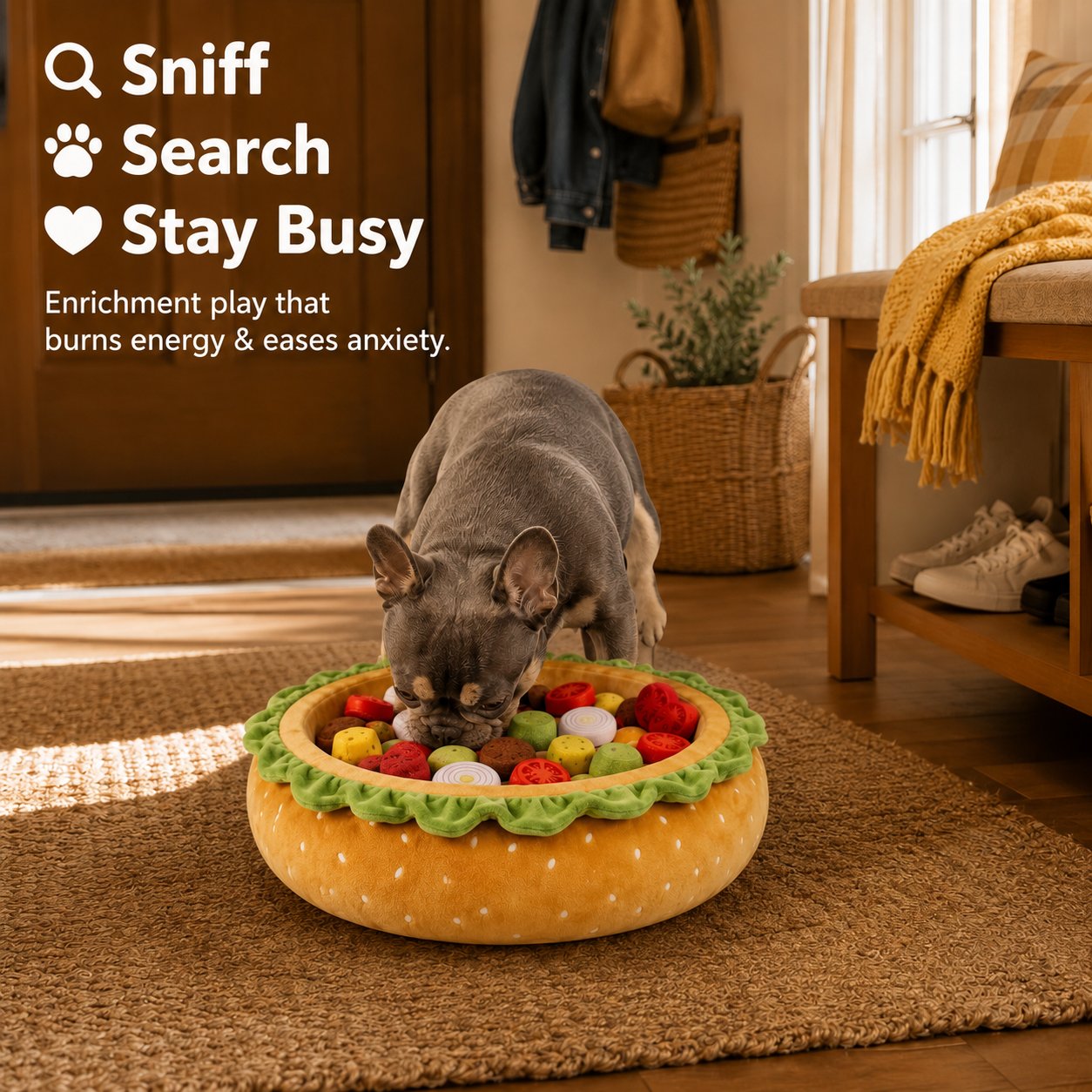 Realistic Burger Design Dog Snuffle Toy, Puzzle Play & Cozy Nap Bed for Puppies