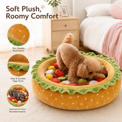 Realistic Burger Design Dog Snuffle Toy, Puzzle Play & Cozy Nap Bed for Puppies