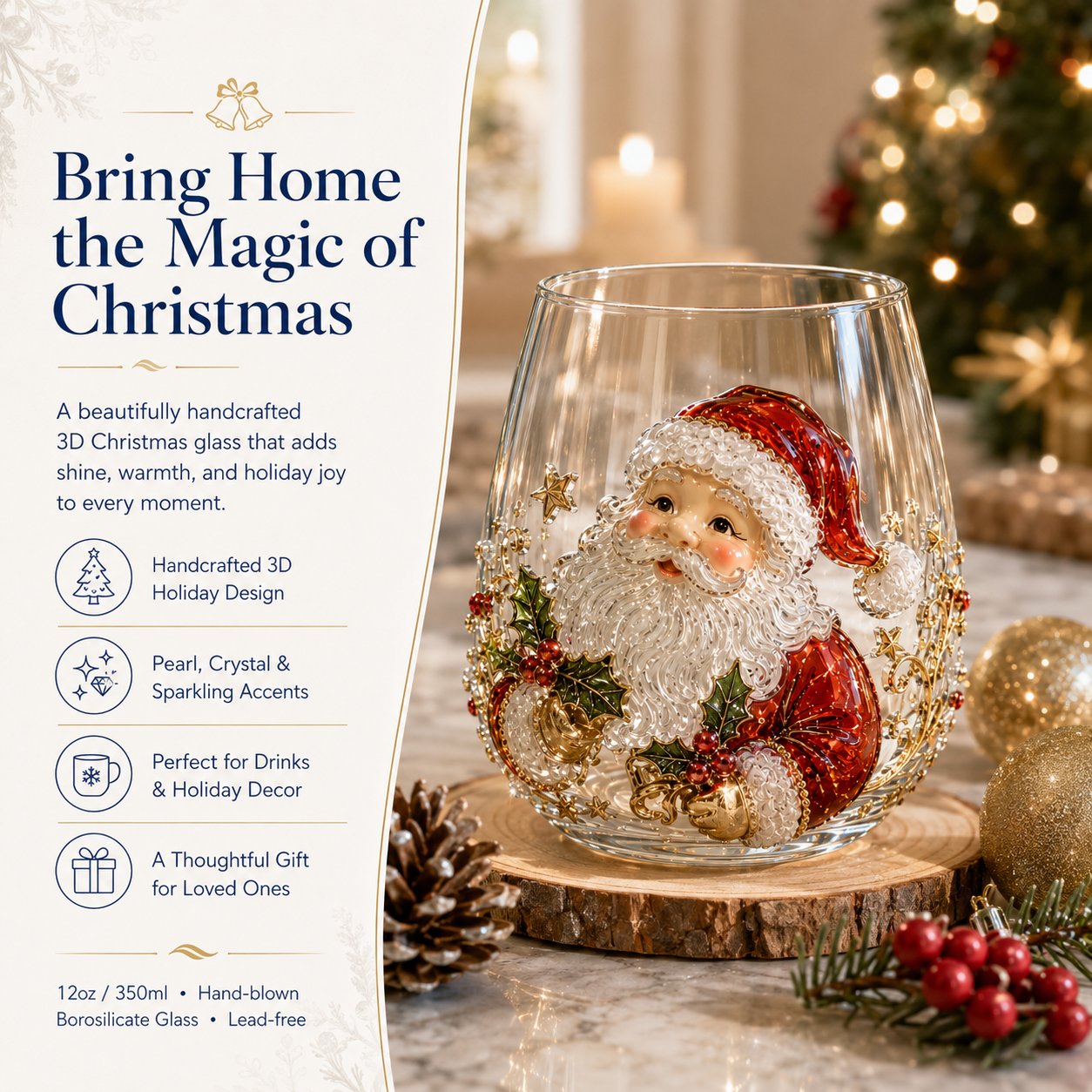 🎅Christmas Early Bird Sale🎄 3D Christmas Glass Art Cup | Luxury Raised Holiday Glassware for Drinks, Decor & Christmas Gifts 🎁