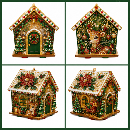 🎄 Christmas 3D Wooden House Diamond Painting Kit – DIY Gem Art