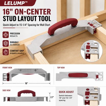 LELUMP™ 16" On-Center Stud Layout Tool | Adjustable Aluminum Framing Jig with Comfort Grip Handle