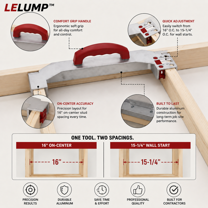LELUMP™ 16" On-Center Stud Layout Tool | Adjustable Aluminum Framing Jig with Comfort Grip Handle