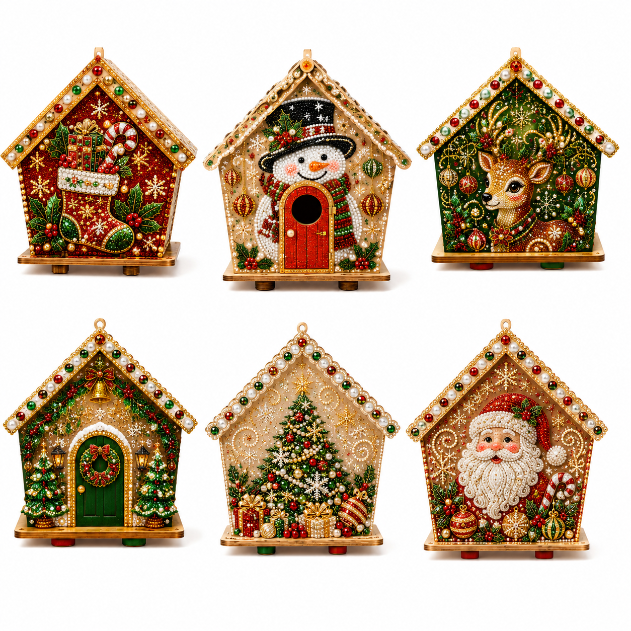 🎄 Christmas 3D Wooden House Diamond Painting Kit – DIY Gem Art