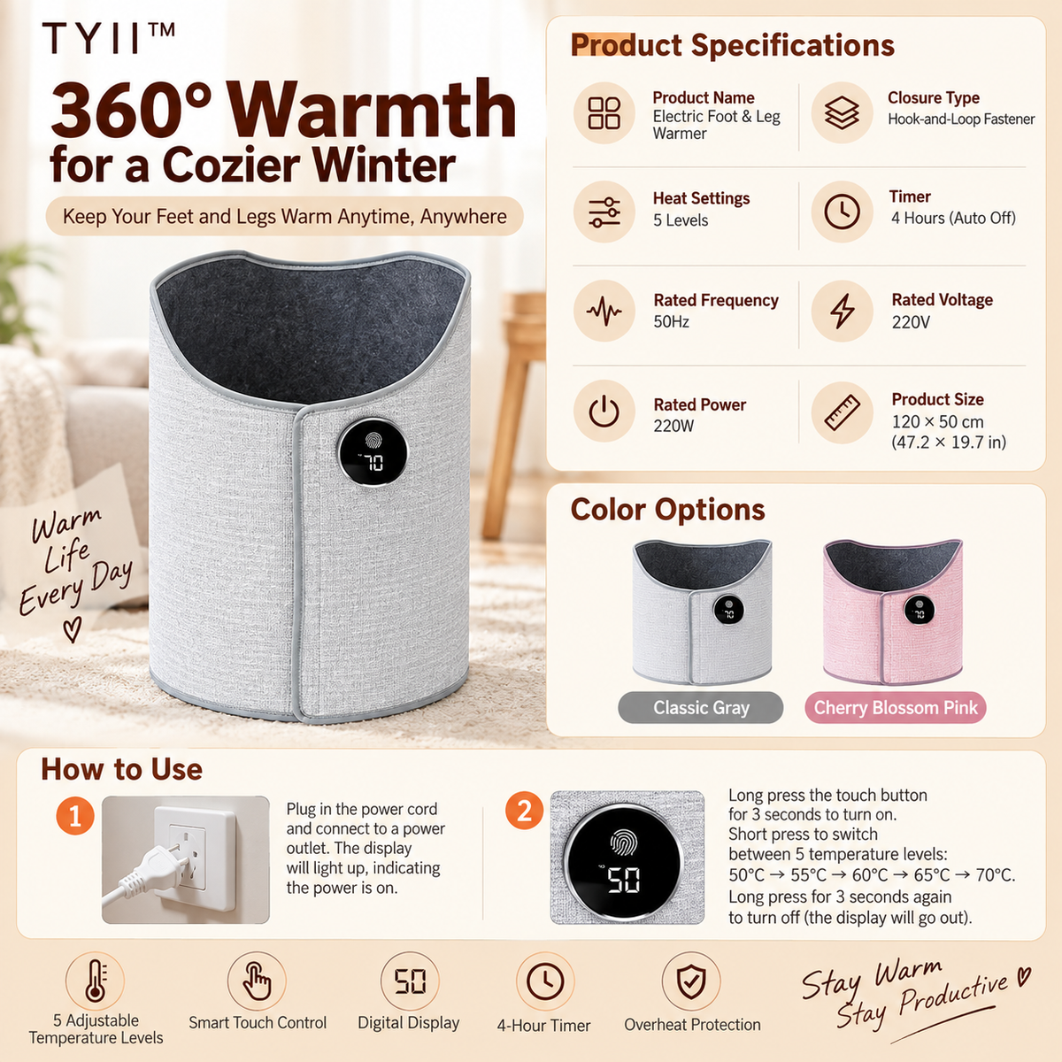 LELUMP™ 360° Electric Foot & Leg Warmer – 5-Level Under Desk Heater with Digital Display