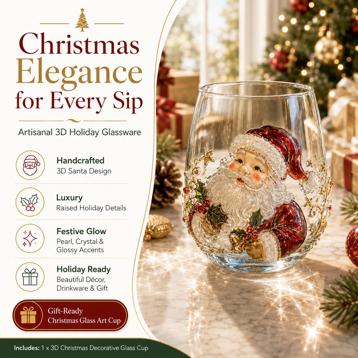 🎅Christmas Early Bird Sale🎄 3D Christmas Glass Art Cup | Luxury Raised Holiday Glassware for Drinks, Decor & Christmas Gifts 🎁