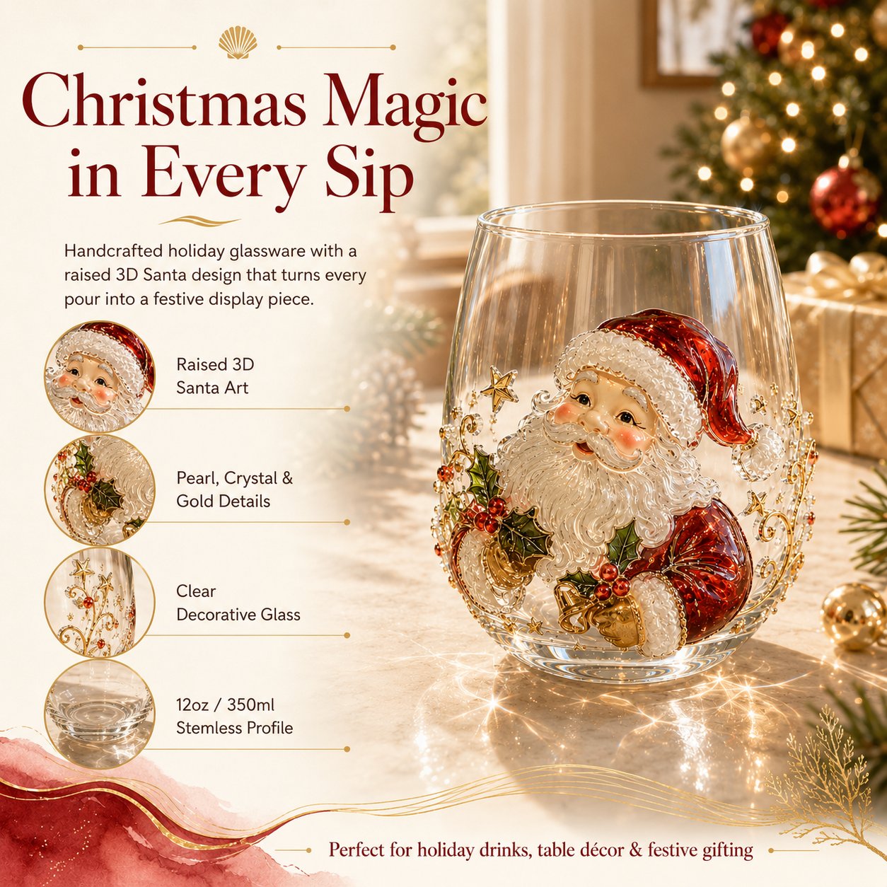 🎅Christmas Early Bird Sale🎄 3D Christmas Glass Art Cup | Luxury Raised Holiday Glassware for Drinks, Decor & Christmas Gifts 🎁