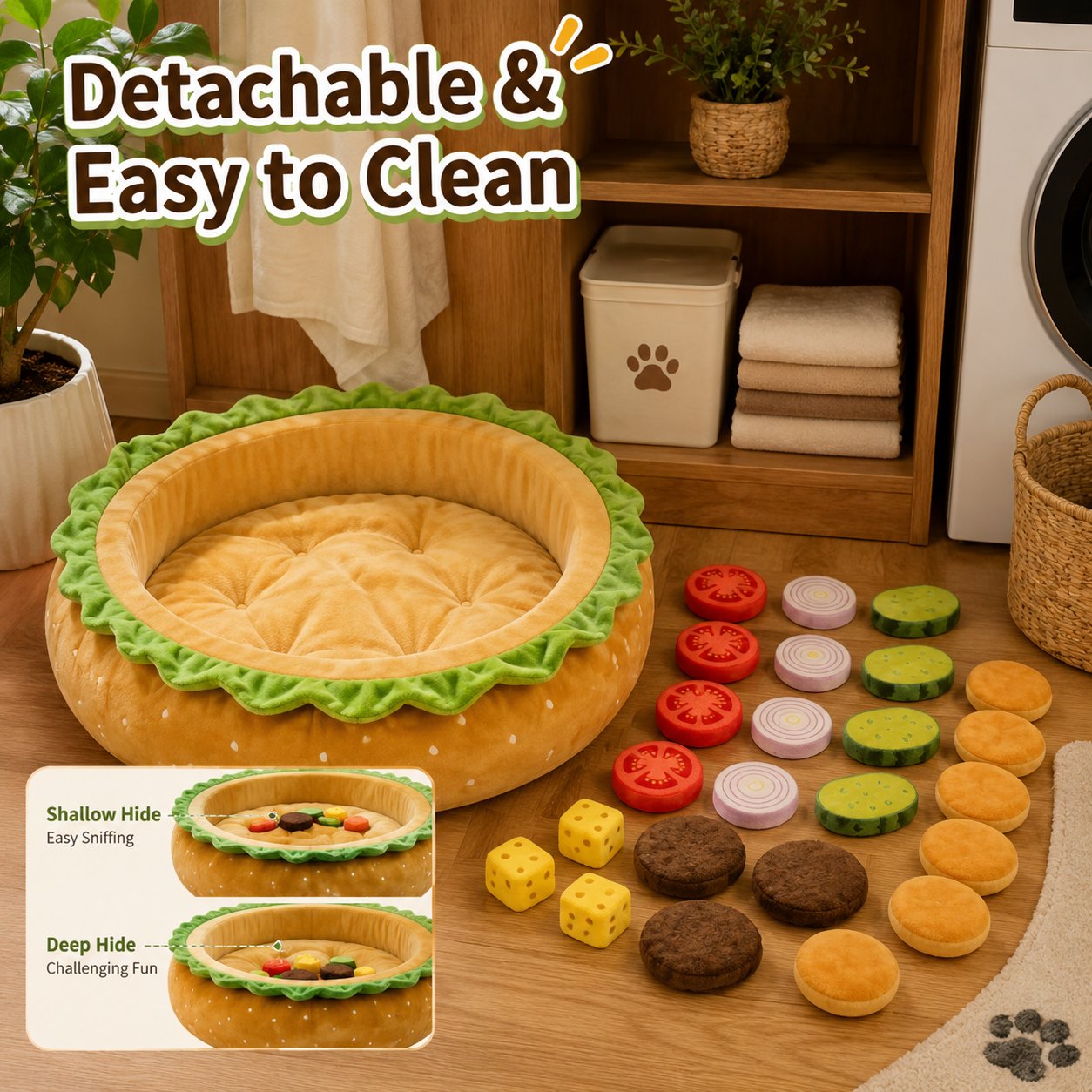 Realistic Burger Design Dog Snuffle Toy, Puzzle Play & Cozy Nap Bed for Puppies