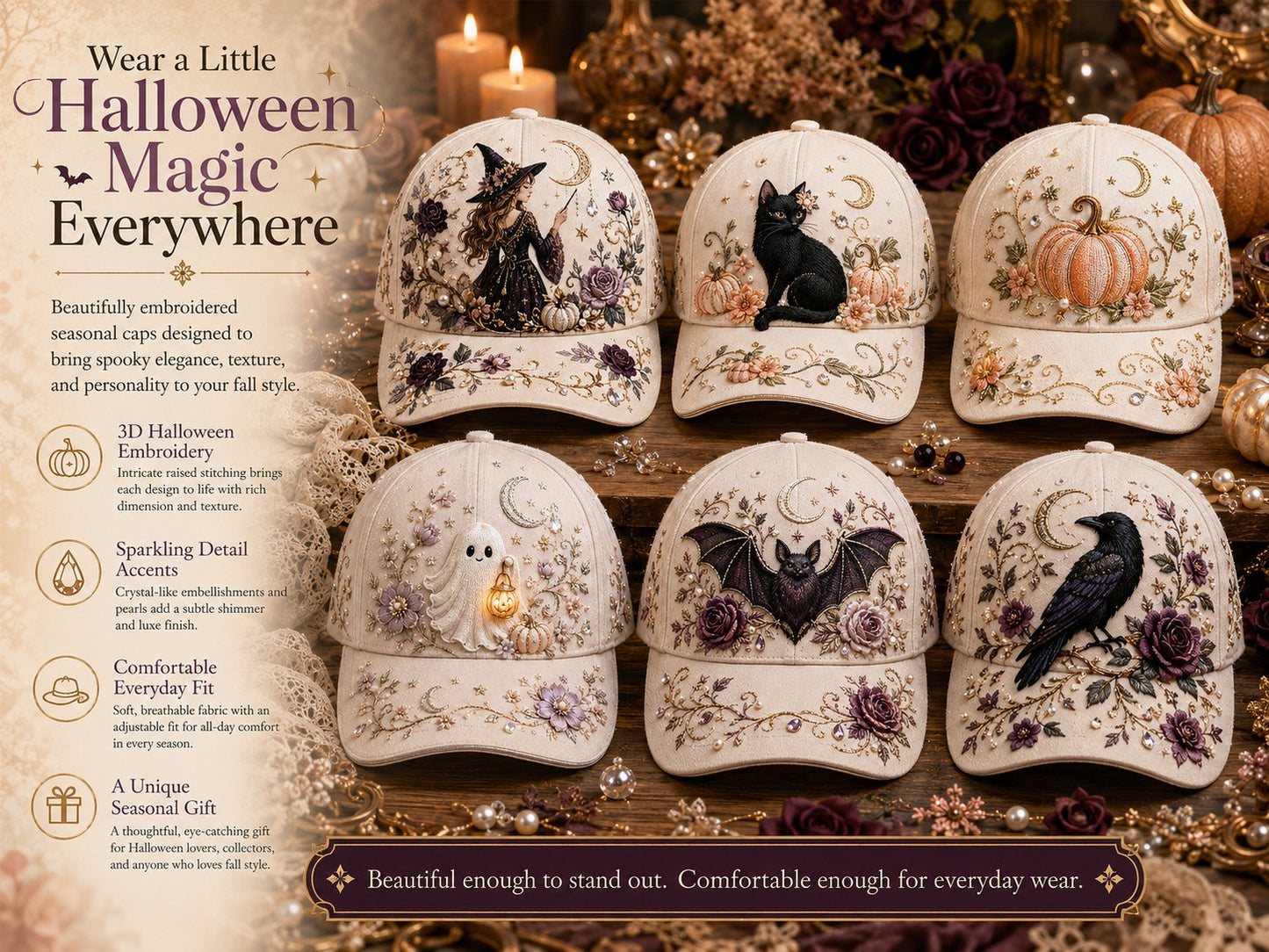 🎃 3D Halloween Embroidery Cap | Spooky Cute Adjustable Hat for Fall Outfits, Daily Styling & Halloween Parties